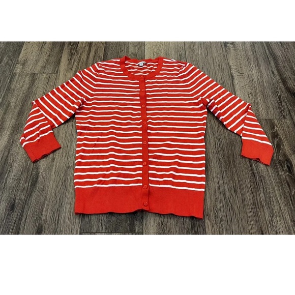 Halogen Cardigan Sweater Women's Size Medium Orange White Stripe Button Up - Picture 2 of 7